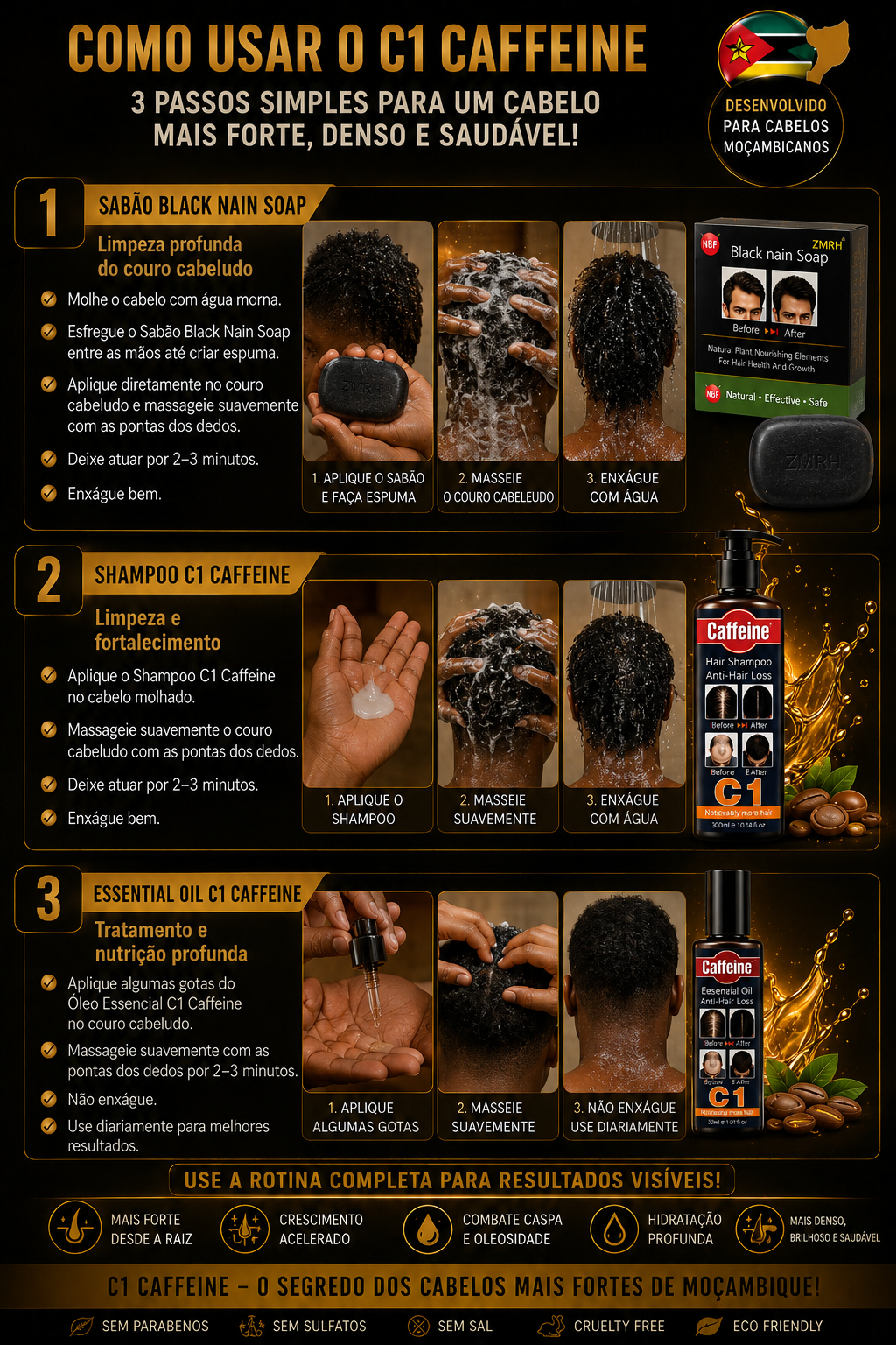 Kit Premium Anti Queda de Cabelo Shampoo + Essential Oil + Sabão Black Nain (Bónus)