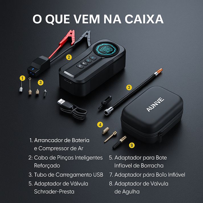 Jumper Portátil Multifuncional para Carro com Compressor de Ar 4 em 1