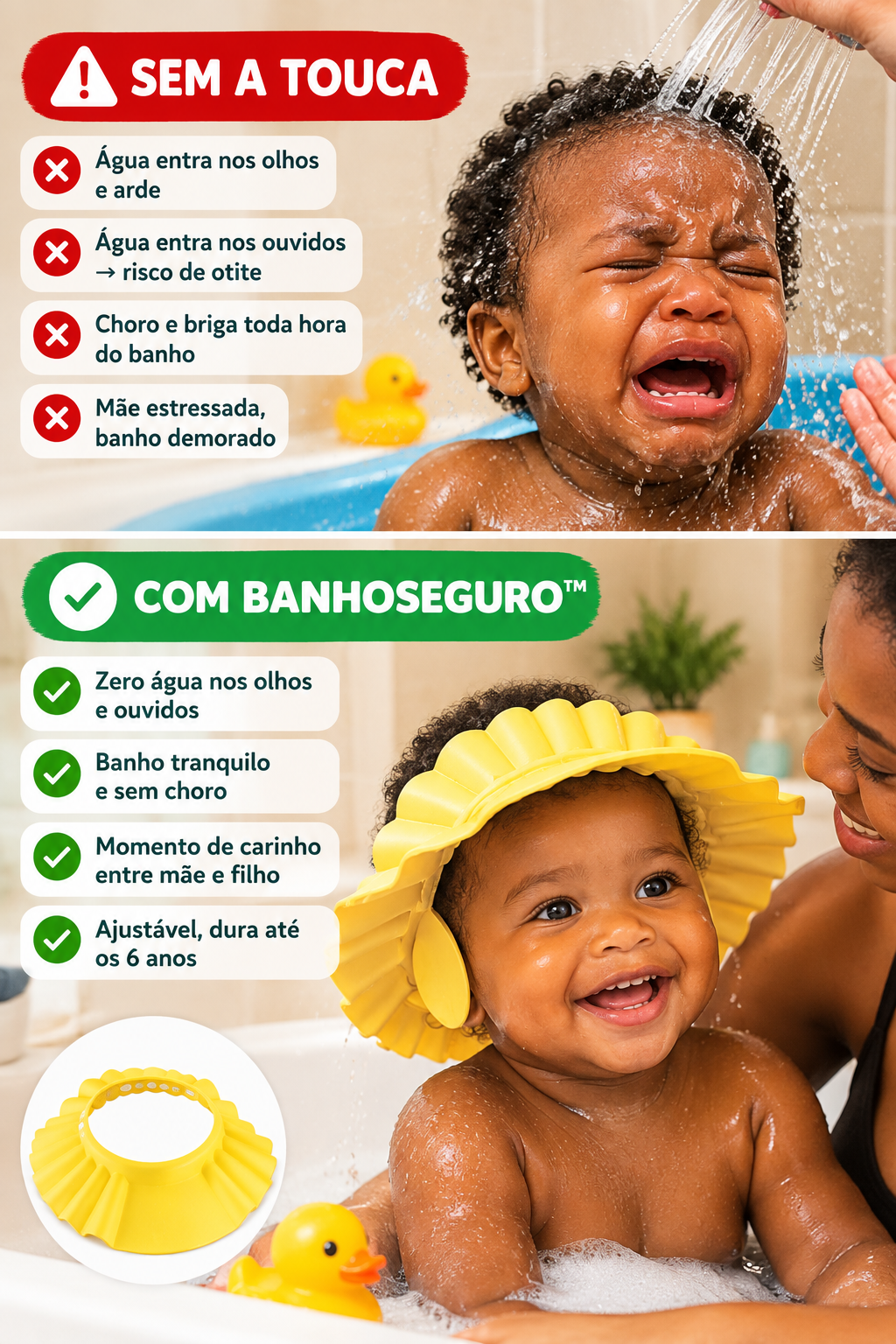 BanhoSeguro™ — Touca Ajustável Impermeável: Protege Olhos e Ouvidos e Acaba com o Choro no Banho