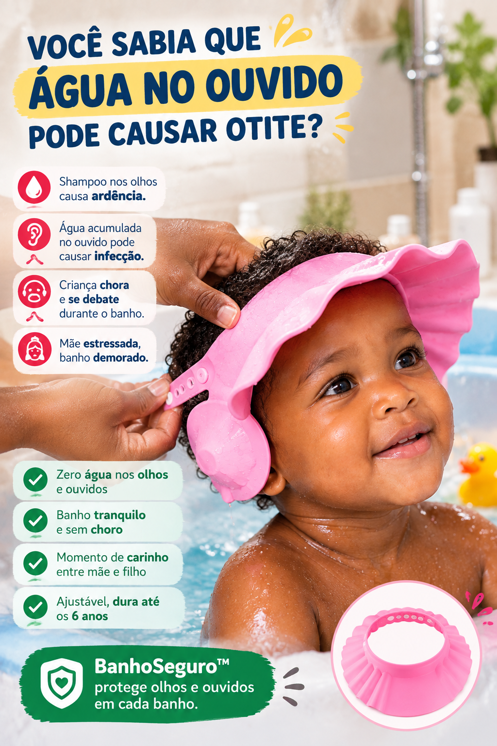 BanhoSeguro™ — Touca Ajustável Impermeável: Protege Olhos e Ouvidos e Acaba com o Choro no Banho