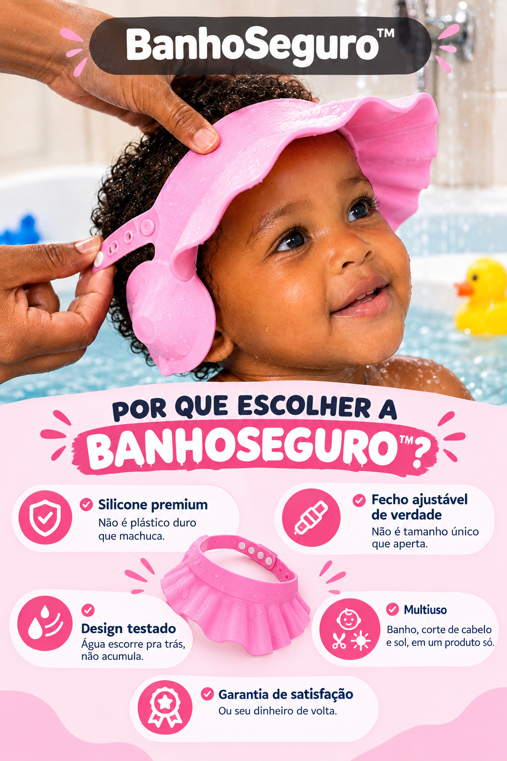 BanhoSeguro™ — Touca Ajustável Impermeável: Protege Olhos e Ouvidos e Acaba com o Choro no Banho