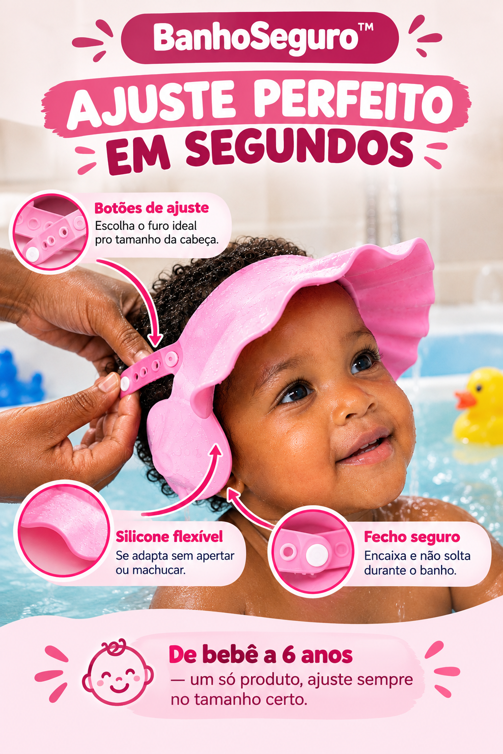 BanhoSeguro™ — Touca Ajustável Impermeável: Protege Olhos e Ouvidos e Acaba com o Choro no Banho