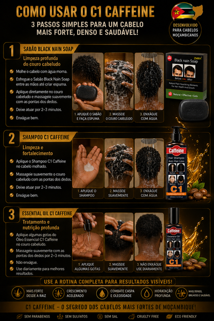 Kit Premium Anti Queda de Cabelo Shampoo + Essential Oil + Sabão Black Nain (Bónus)