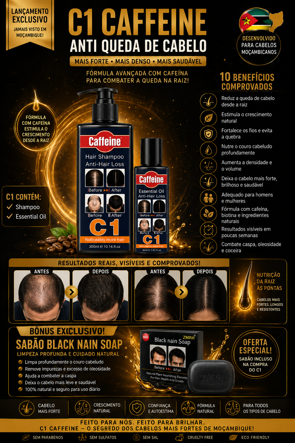 Kit Premium Anti Queda de Cabelo Shampoo + Essential Oil + Sabão Black Nain (Bónus)